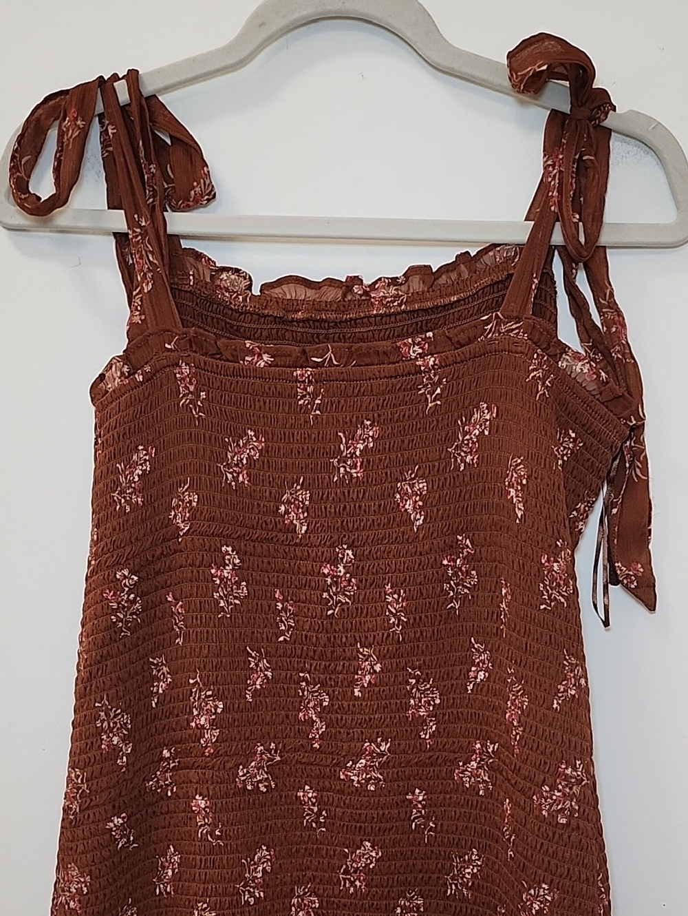 Abercrombie&Fitch Tie-Strap Smocked Mid Dress Chocolate brown floral print Sz XL - Picture 9 of 16